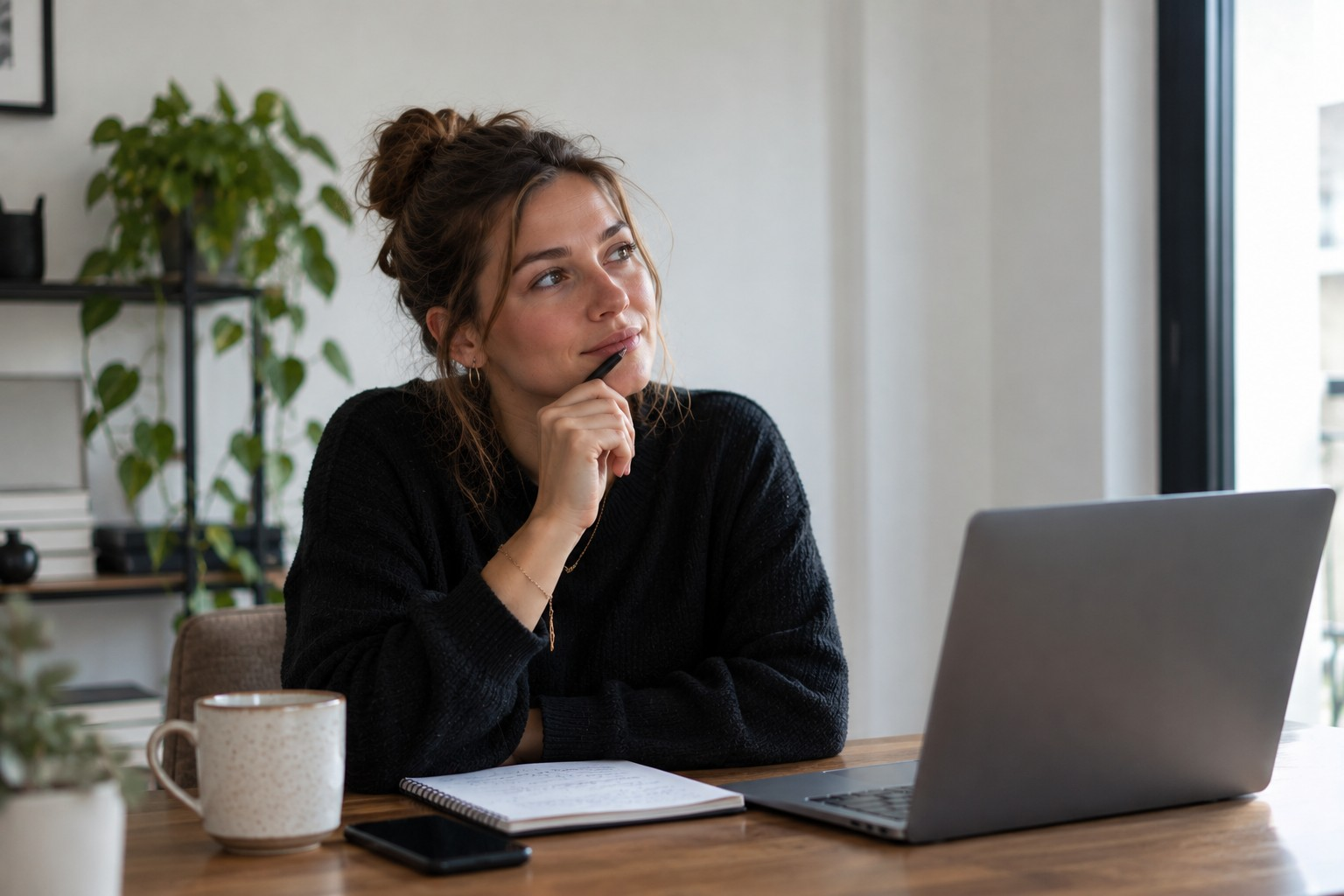 vrouw denkend achter de laptop met een kop thee en schrift