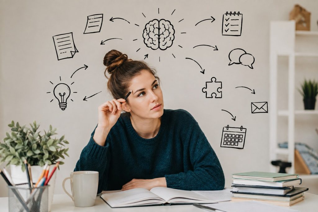 vrouw groene trui boeken denken plant kop koffie iconen
