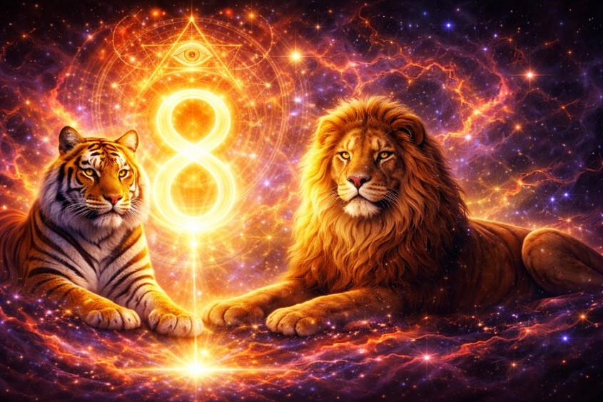 Nummer 8 oranje leeuw tijger liggend