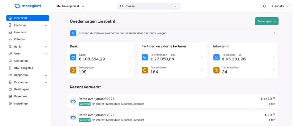 Pagina Moneybird overzicht grafieken