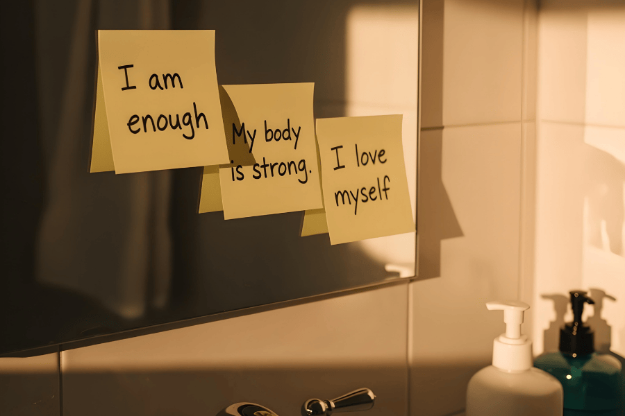 Spiegel badkamer teksten post-its I am enough my body is strong i love myself spreuk van de dag