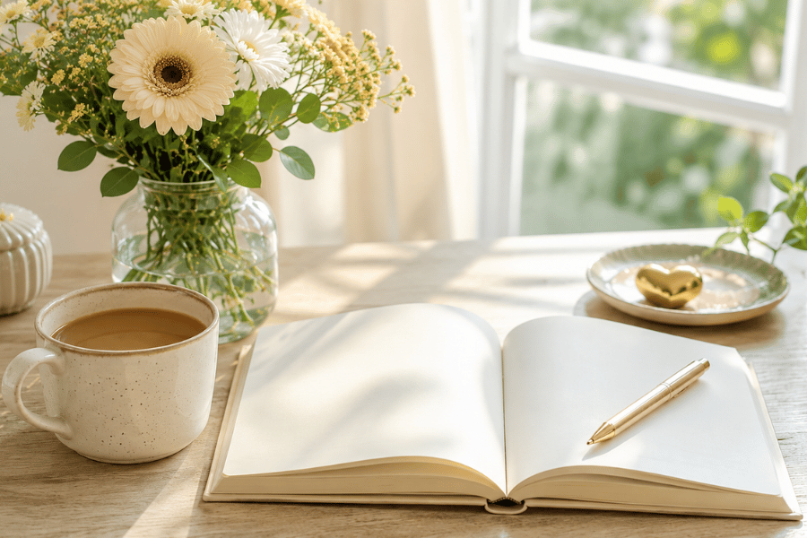 Bloemen koffie tafel boek pen leuke korte spreuk