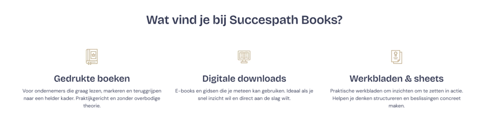 pagina SuccespathBooks keuzes gedrukte boeken digitale downloads werkbladen sheets