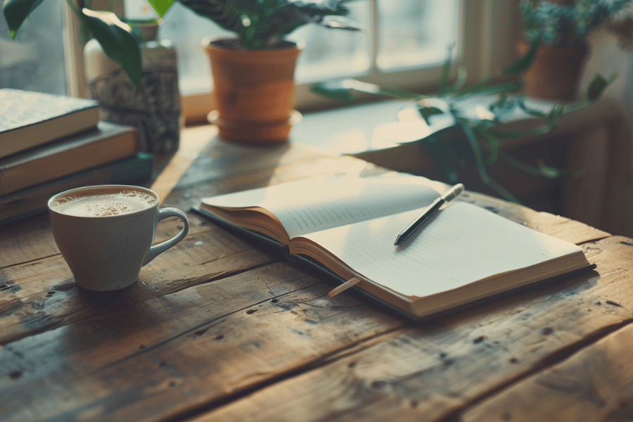 inspirerende boeken voor mannen houten tafel pen koffie plant
