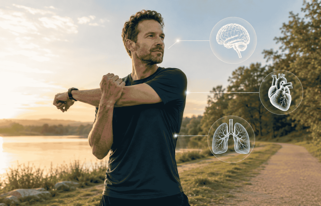 man sport buitenlucht stretch symbolen lichaam en geest