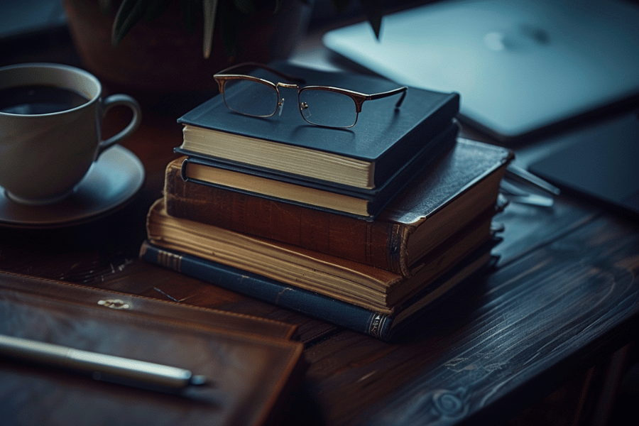stapel inspirerende boeken voor mannen bril pen koffie