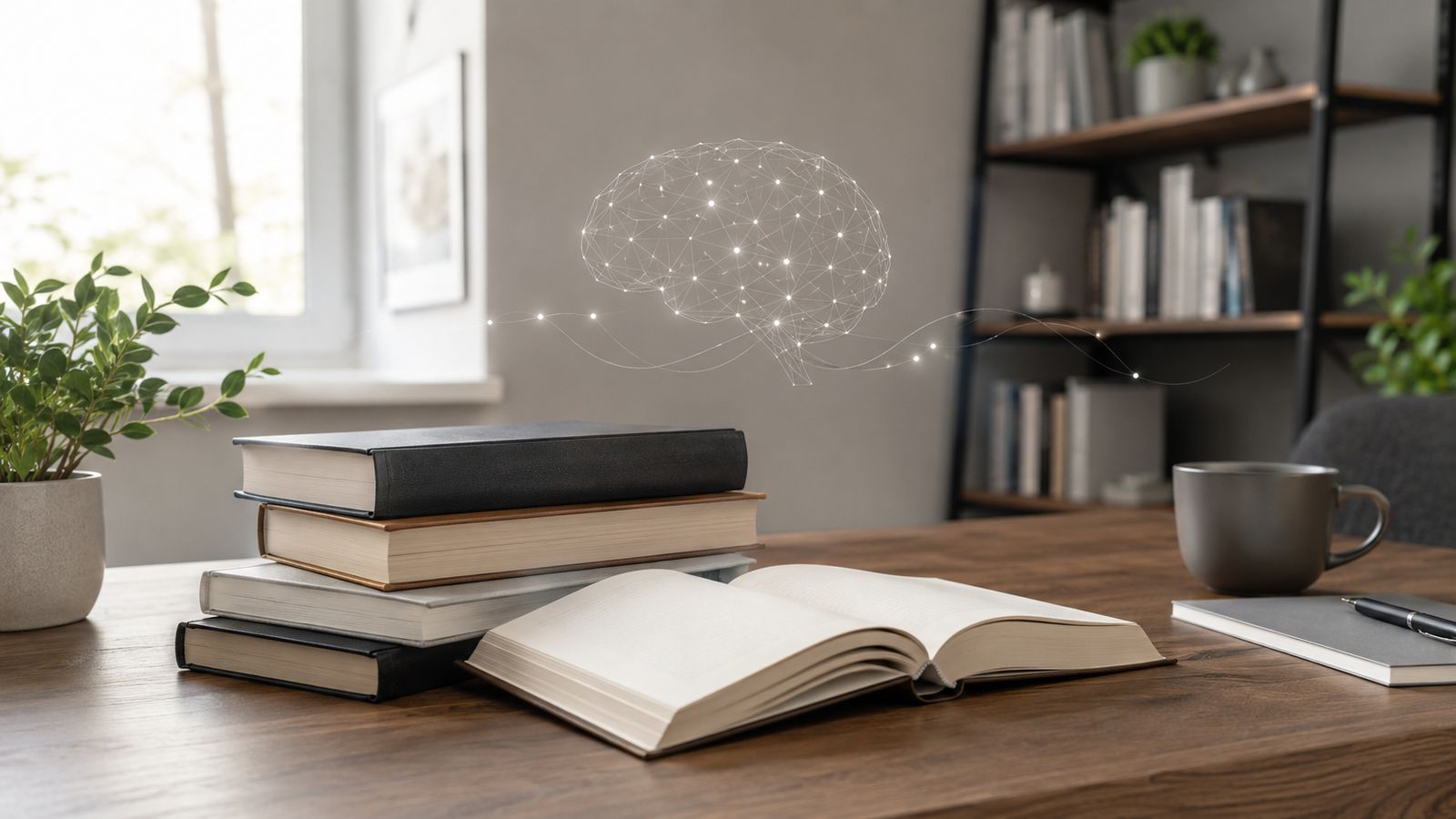NLP boeken kantoor tafel plant