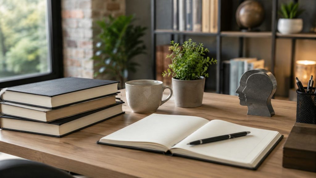 werkplek kantoor boeken pen mok planten persoonlijke ontwikkeling