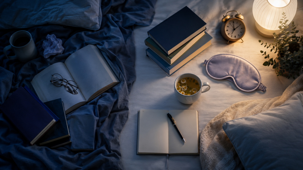 boek met oogkapje boeken thee bril pen wekker lamp plant