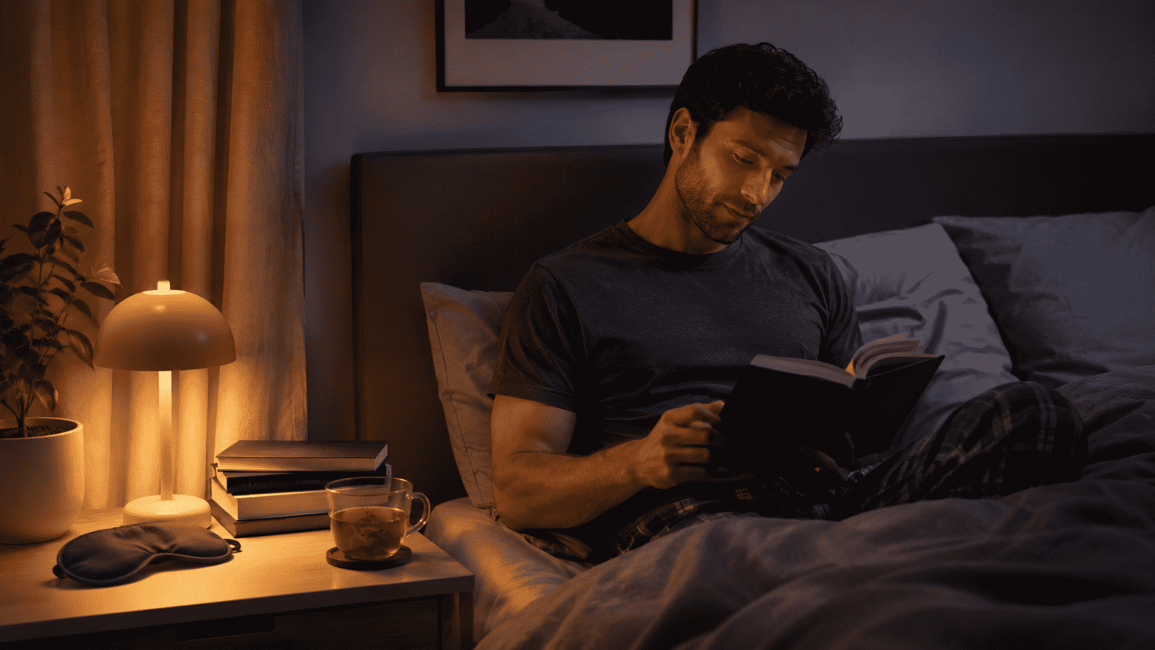 man in bed lezen boeken over slaapproblemen nachtlampje dekbed