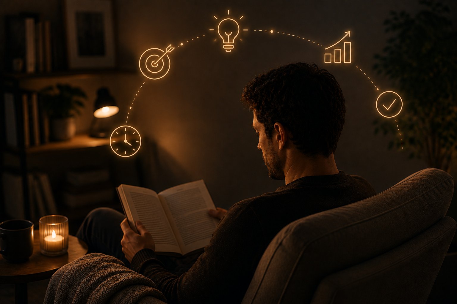 man leest een boek in kaarslicht iconen van idee klok en vinkje