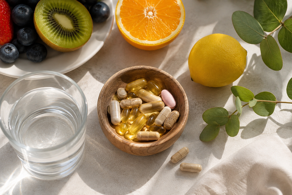Realistische afbeelding van vitamines en voedingssupplementen met vers fruit, een glas water en groene bladeren op een lichte ondergrond