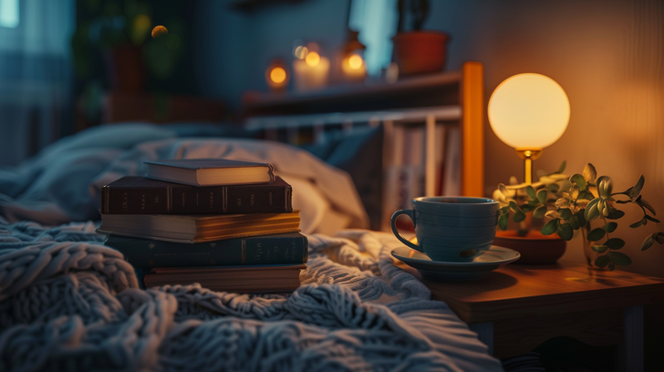 stapel boeken op bed kop thee plant lamp deken