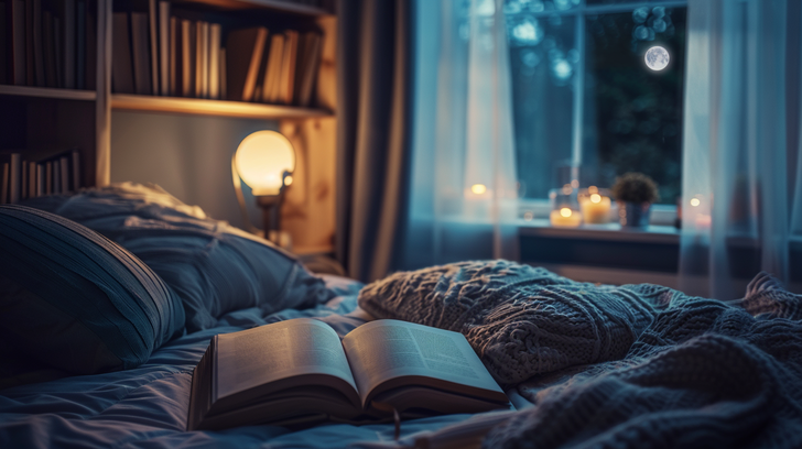 slaapkamer raam donker lamp boeken rustgevende sfeer
