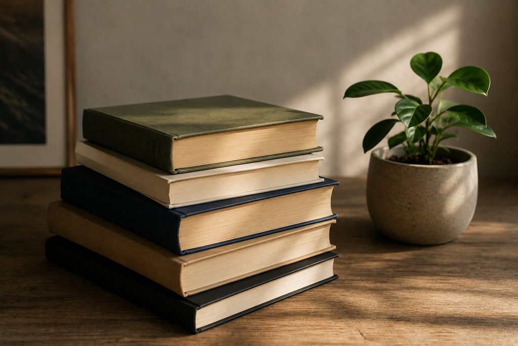 stapel boeken op tafel met plant