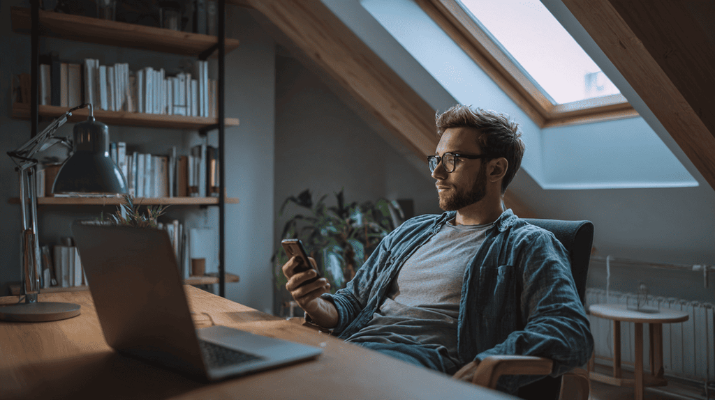 Man verliest zijn focus tijdens thuiswerken en kijkt op zijn telefoon