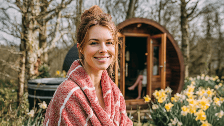 Vrouw lacht en staat voor haar sauna en hottub in haar tuin