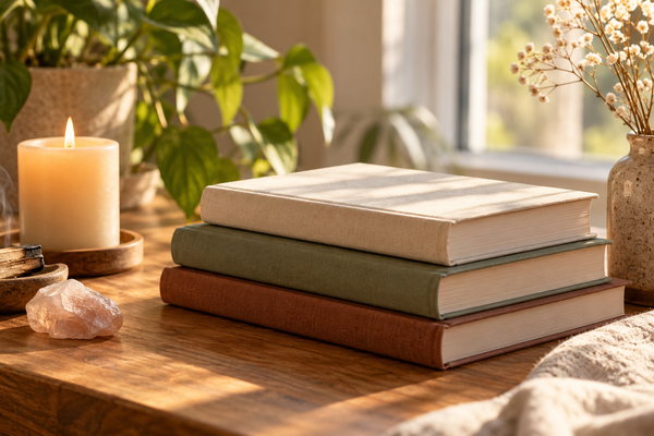 Zonnige mindfulnesshoek met boeken en kaars