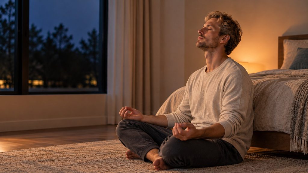 man in kleermakerszit in de avond meditatiehouding