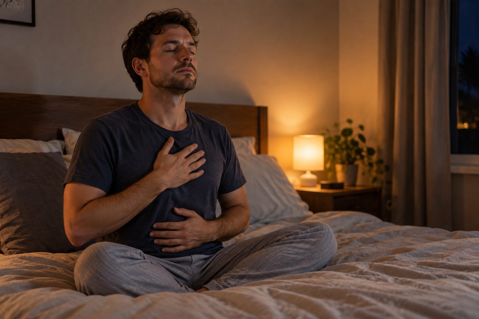 man in bed in meditatiehouding ademhalingsoefening voor slapen