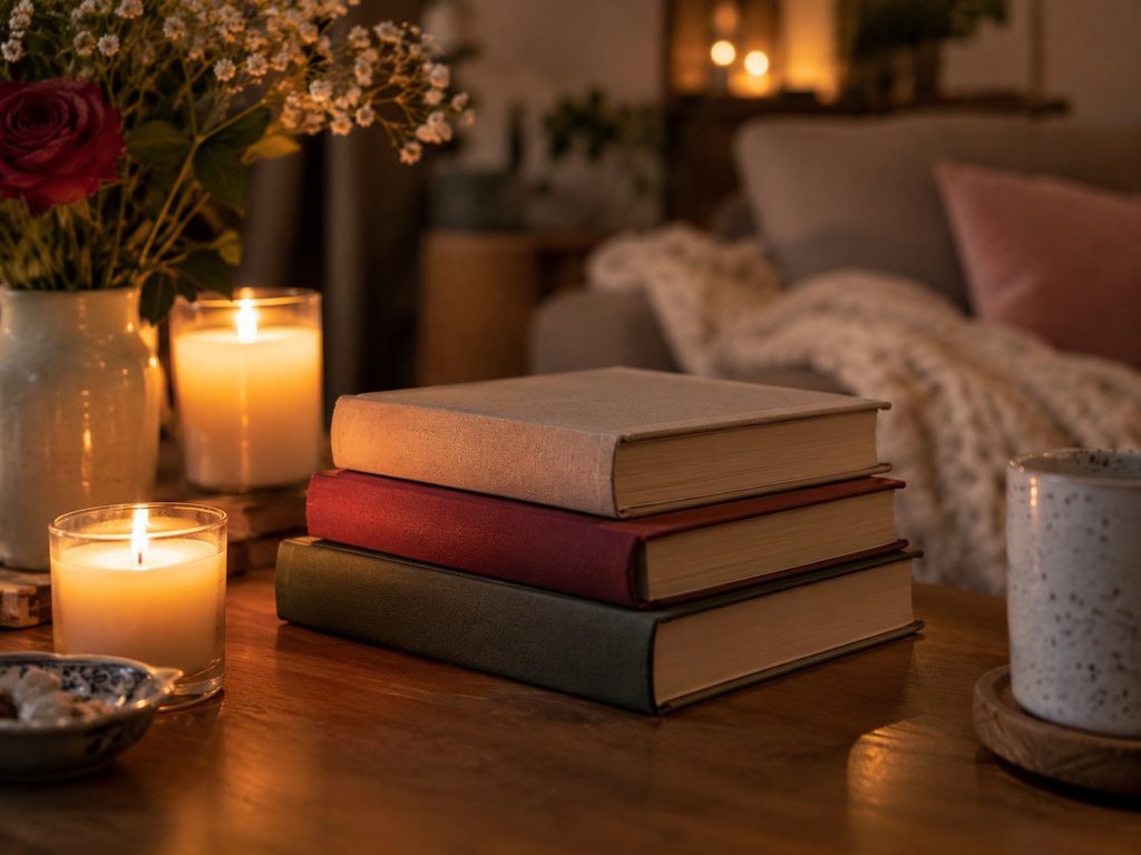 stapel communicatieboeken in romantische sfeer met kaarslicht