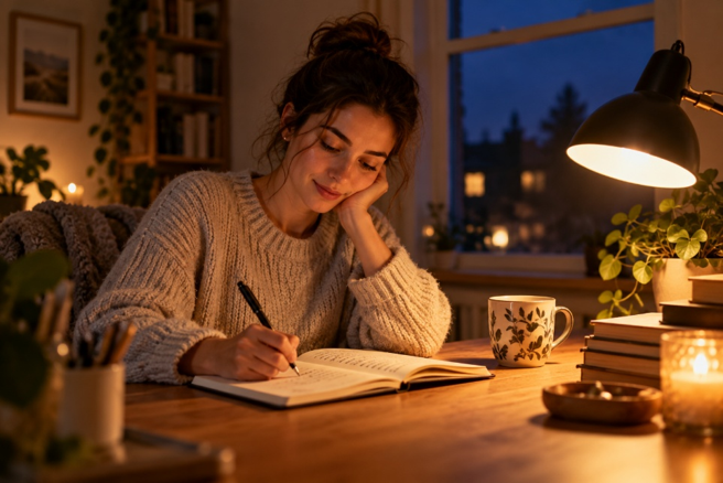 vrouw schrijft in boekje aan bureau