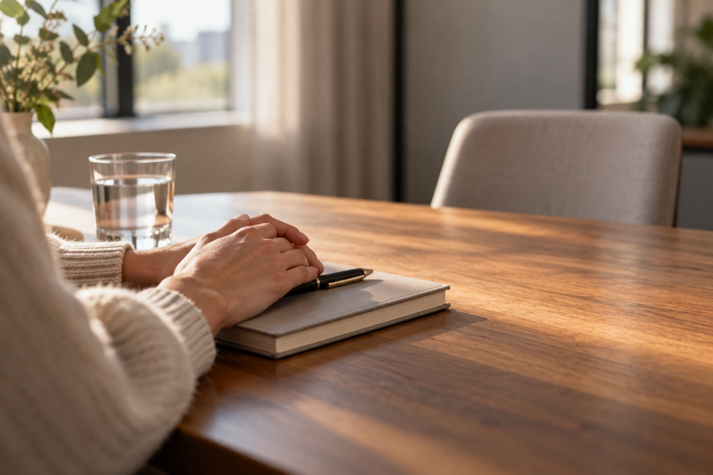 vrouw zit aan tafel met handen over boek heen