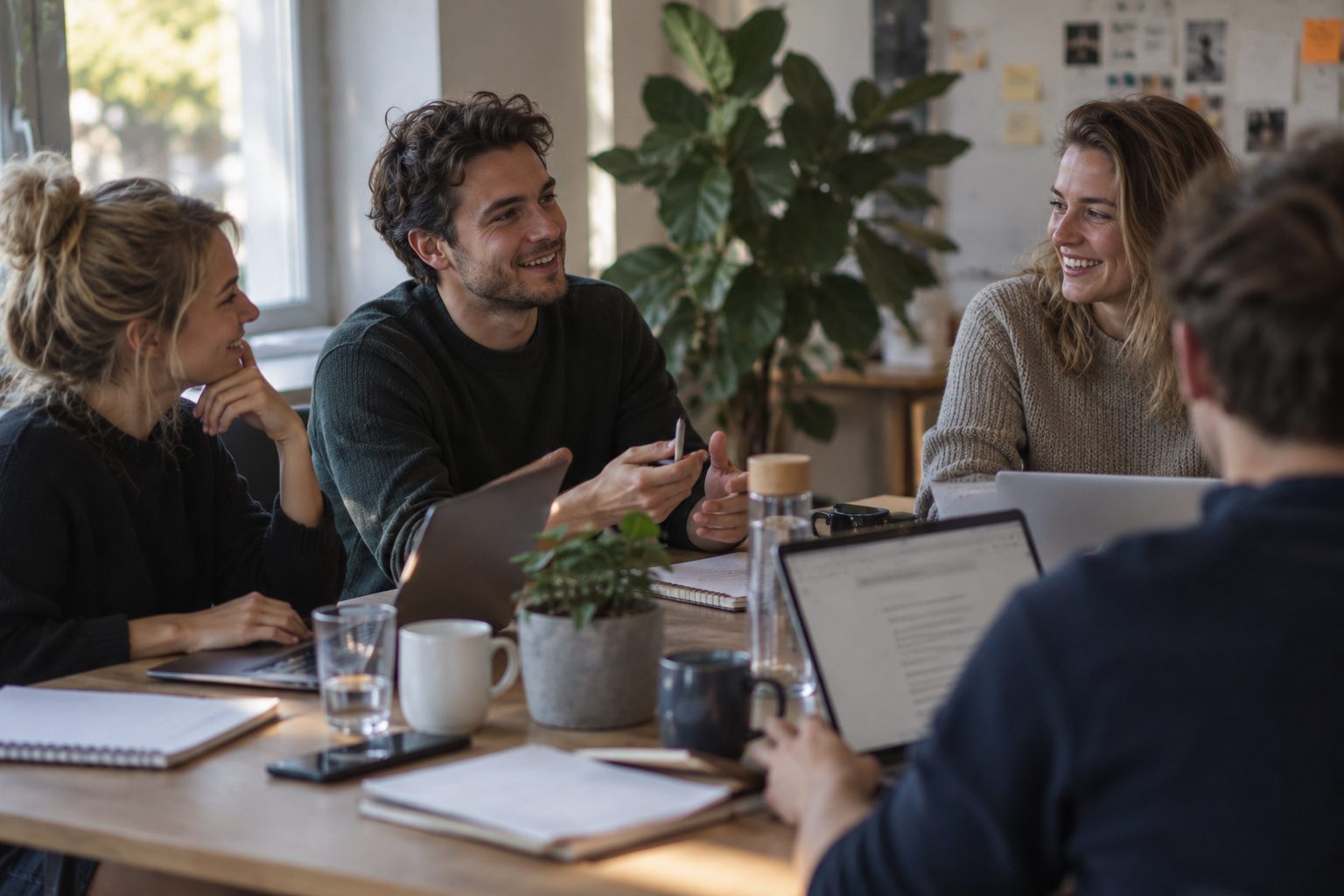twee mannen twee vrouwen aan tafel met kladblokken en laptops communicatie