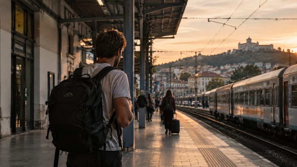 man in ander land wachtend op treinstation