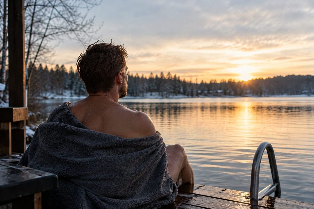 man kijkt uit over water zonsondergang